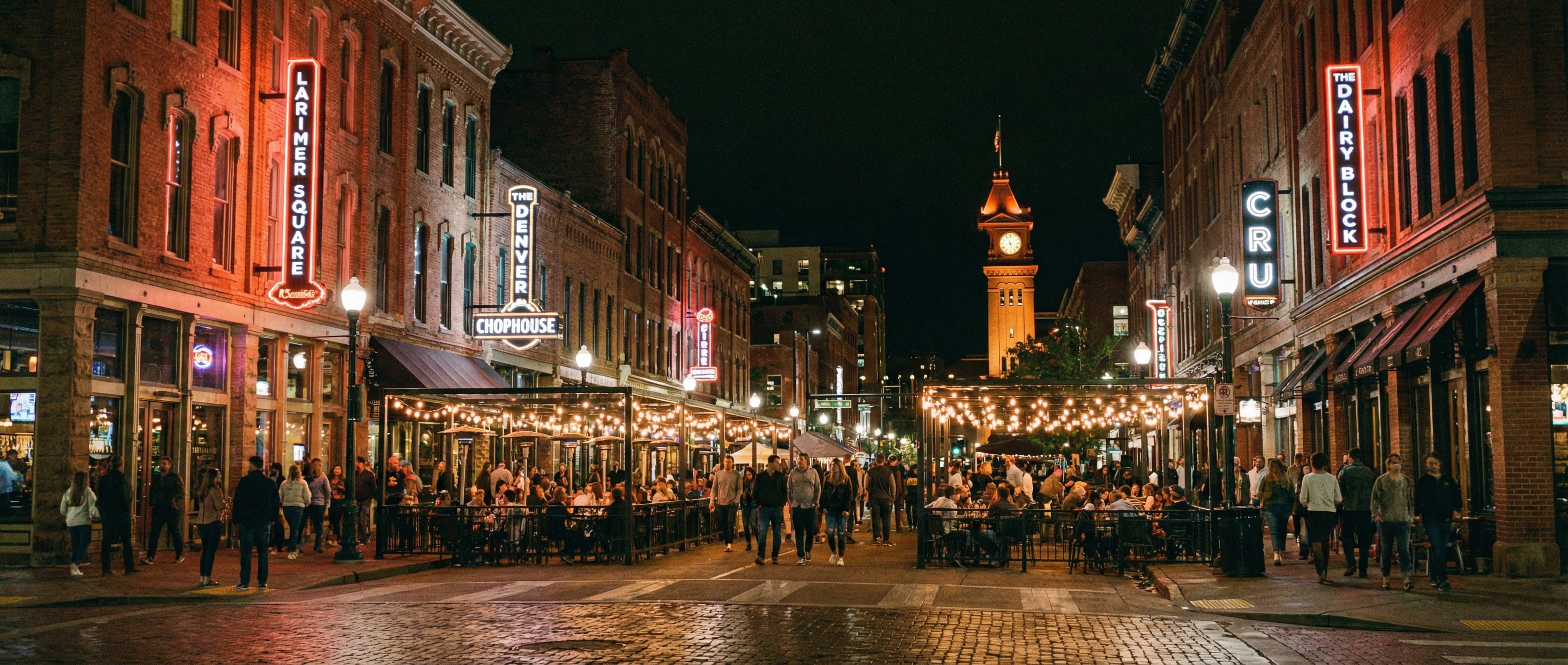 LoDo Denver nightlife district — party bus bar crawl from Castle Rock